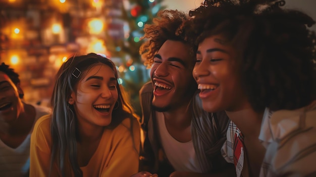 Un groupe de jeunes amis divers et beaux rient et apprécient la compagnie de l'autre.