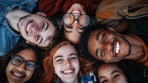 Un groupe de jeunes amis divers sont allongés sur le sol en regardant la caméra et en souriant.