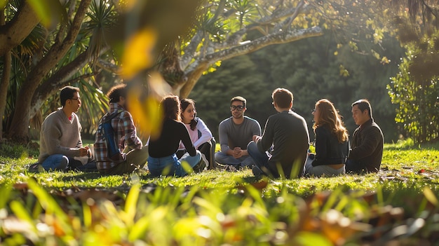 Un groupe de jeunes amis divers sont assis en cercle sur l'herbe dans un parc en train de parler et de rire