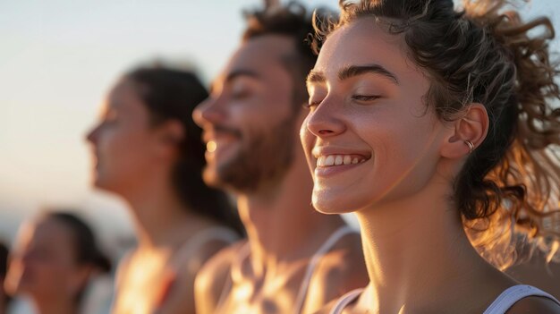 Un groupe de jeunes amis faisant l'expérience de la méditation en plein air ensemble