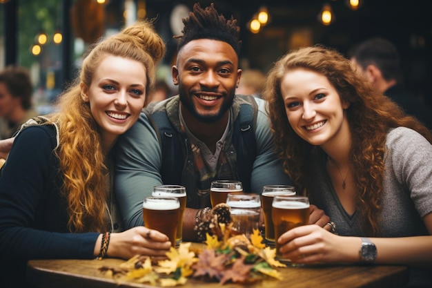 Un groupe de jeunes amis heureux et souriants boivent de la bière dans un restaurant de rue.