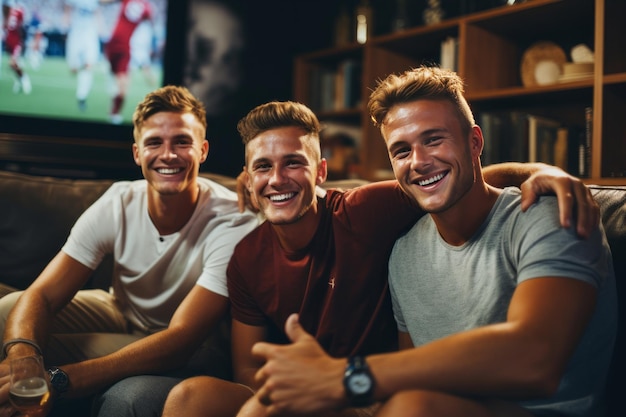 Un groupe de jeunes amis masculins assis sur un canapé et regardant un programme sportif à la télévision à la maison américain