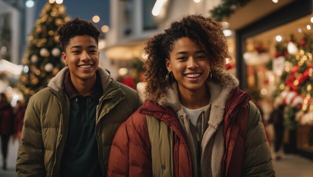 Groupe de jeunes amis multiraciaux qui s'amusent en faisant du shopping dans la ville d'hiver