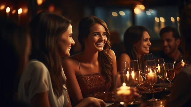 Un groupe de jeunes amis qui s'amusent dans un restaurant.