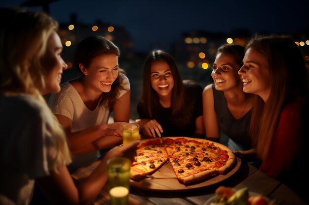 un groupe de jeunes amis souriants prenant un dîner de pizza la nuit