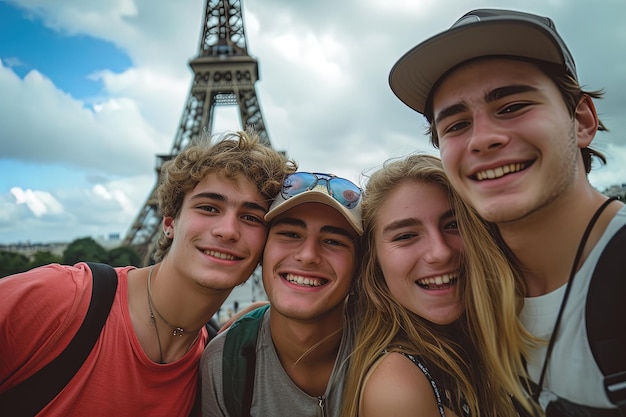 Un groupe de jeunes amis souriants voyageant devant la tour Eifel à Paris en été.