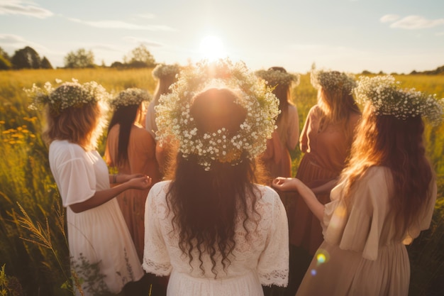 Photo groupe de jeunes belles femmes en couronne de fleurs sur un prairie ensoleillé couronne florale symbole du solstice d'été sorcière verte