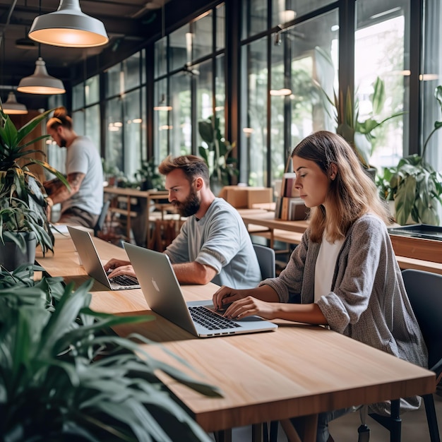 Groupe de jeunes employés de bureau habillés avec désinvolture dans les costumes ayant du travail de bureau au grand