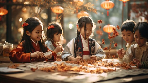 Un groupe de jeunes enfants assis autour d'une table