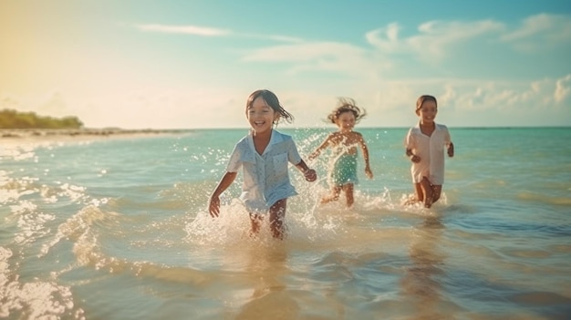 Groupe de jeunes enfants divers s'amusant et courant ensemble dans la mer sur une plage tropicale pendant leurs vacances d'été L'IA générative