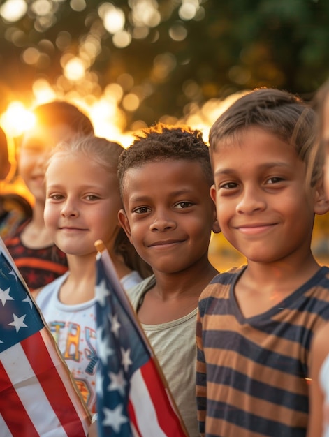 Un groupe de jeunes enfants joyeux agite fièrement des drapeaux américains.