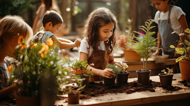 Groupe de jeunes enfants qui jardinent ensemble en plein air Jour des enfants