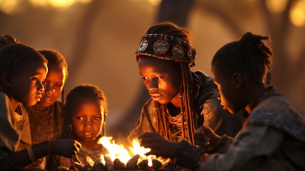 Un groupe de jeunes enfants rassemblés autour d'un feu craquant, hypnotisés par ses flammes scintillantes.