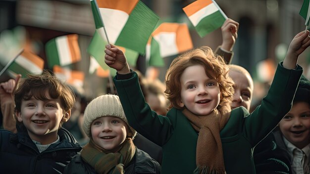 Un groupe de jeunes enfants tenant des drapeaux dans leurs mains le jour de Saint-Patrick