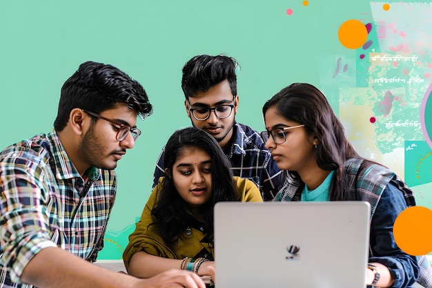 Un groupe de jeunes étudiants indiens utilisant un ordinateur portable et souriant à la caméra