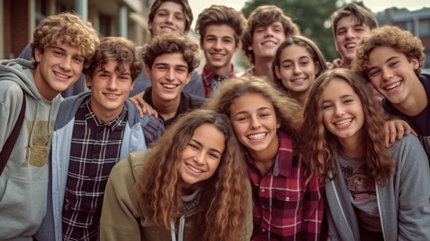 Un groupe de jeunes fait la queue, souriant et regardant la caméra.