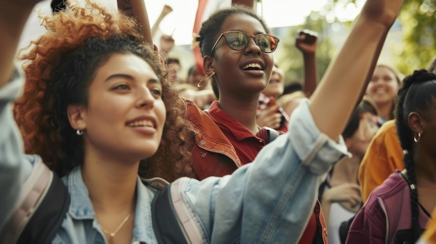 Un groupe de jeunes femmes de différentes nationalités manifestant pour la liberté