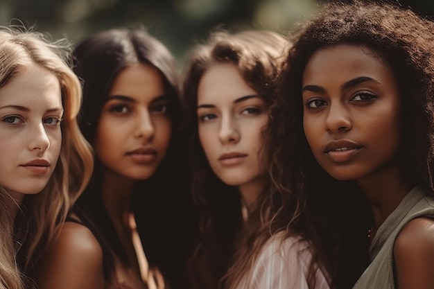 Photo un groupe de jeunes femmes de différentes races profite d'une journée d'été avec une présence sensuelle et candide leurs regards mystérieux et leurs légers sourires ajoutent un air d'intrigue à la scène ai générative