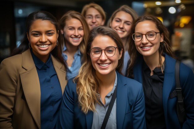 Groupe de jeunes femmes avec des lunettes souriant à la caméra.