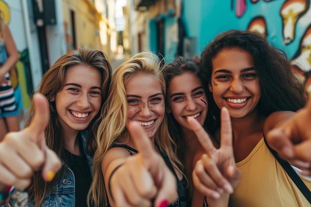 Groupe de jeunes femmes montrant des doigts marqués à l'encre devant un bureau de vote ou une cabine de vote après le vote