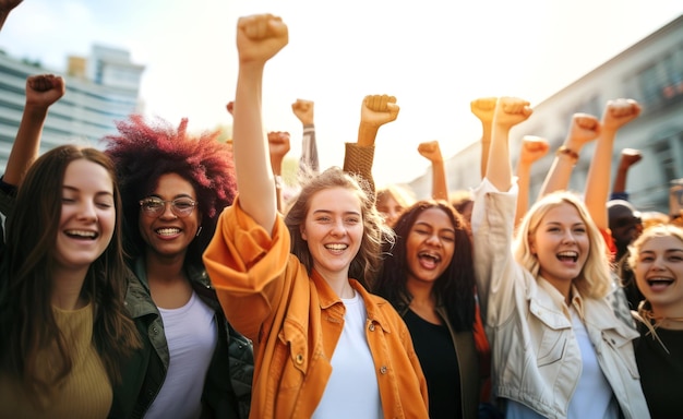 Un groupe de jeunes femmes multiethniques lèvent les poings pour la Journée internationale de la femme et l'autonomisation des femmes 8 mars pour le féminisme, l'indépendance, la liberté et l'activisme pour les droits des femmes