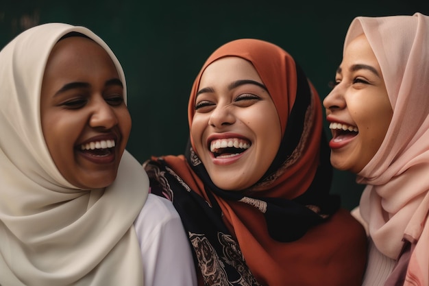 Un groupe de jeunes femmes musulmanes portant des foulards s'amusent ensemble.