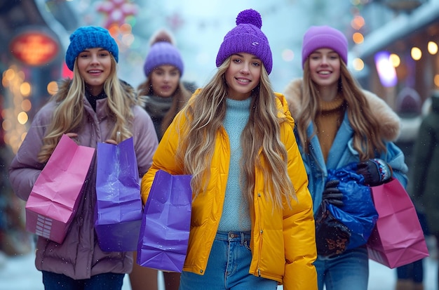 Un groupe de jeunes femmes avec des sacs à l'achat dans chaque main