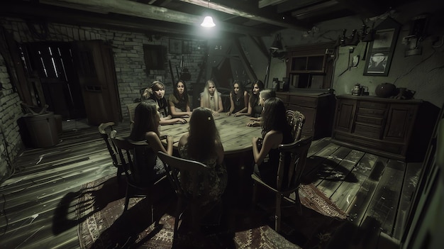 Photo un groupe de jeunes femmes sont assises autour d'une table dans une pièce sombre, elles se regardent toutes les unes les autres avec des expressions sérieuses sur leurs visages.