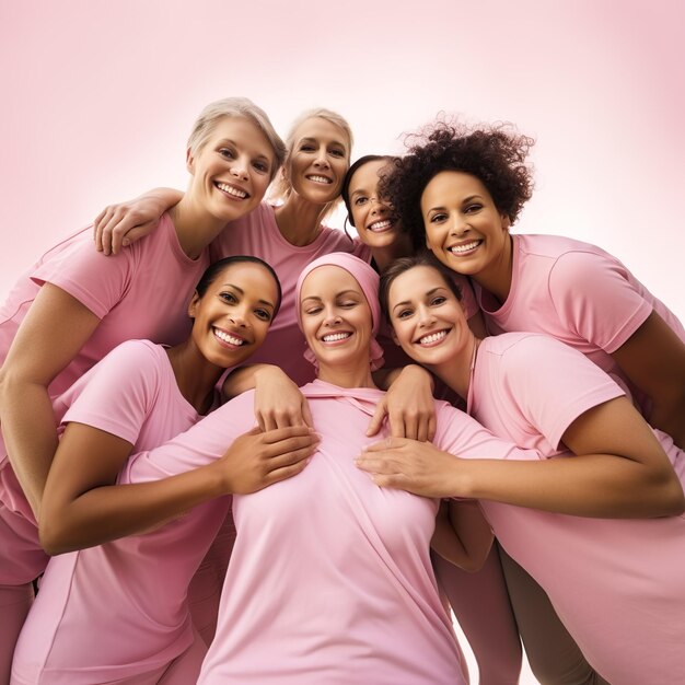 Groupe de jeunes femmes en T-shirt rose Journée du cancer du sein IA générative