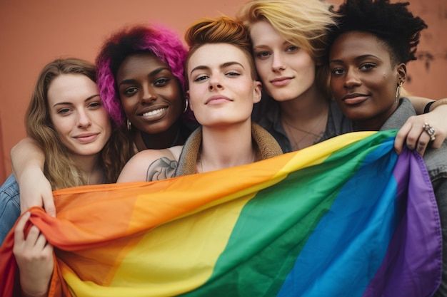 Un groupe de jeunes femmes tenant un drapeau arc-en-ciel