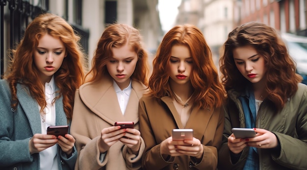 Un groupe de jeunes femmes utilise leur téléphone.