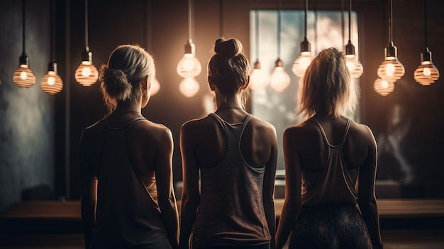 Groupe de jeunes femmes en vêtements de sport debout dos à dos dans un studio de fitness générative ai