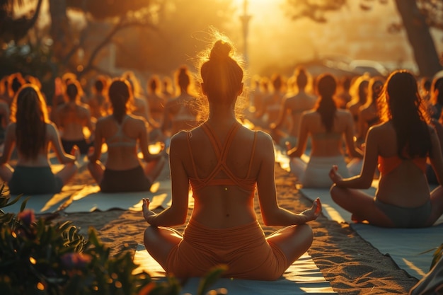 Un groupe de jeunes filles pratiquant le yoga à la lumière du soleil effectuent des exercices de Padmasana en position de lotus