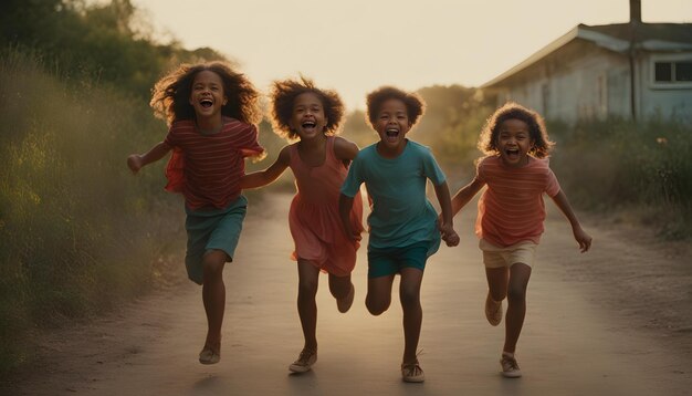 un groupe de jeunes filles qui courent dans une route avec leurs bras l'une autour de l'autre et rient