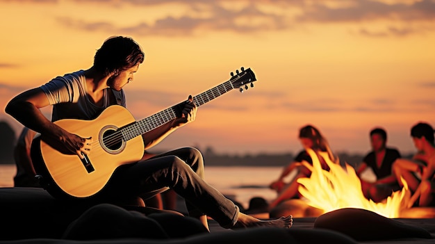 Un groupe de jeunes flous en arrière-plan profite d'une nuit sur la plage assis près d'un feu de joie jouant de la guitare et chantant des chansons