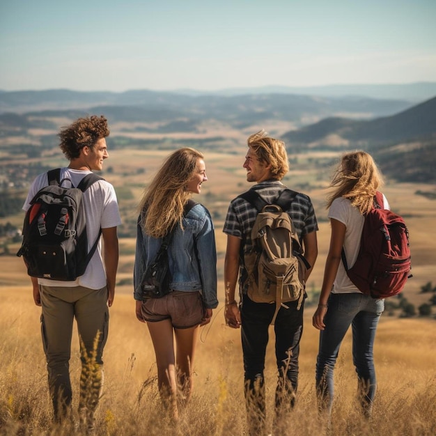 un groupe de jeunes gens debout au sommet d'un champ couvert d'herbe