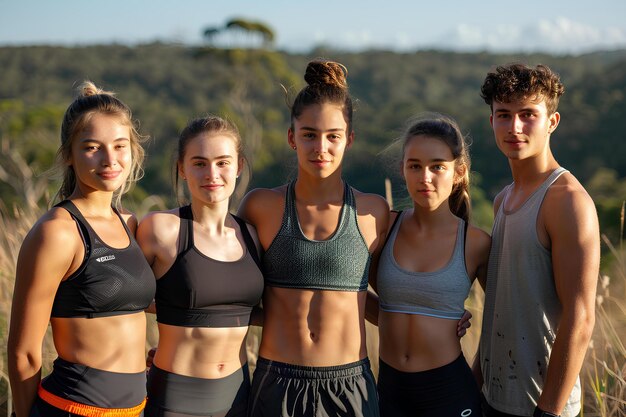 Un groupe de jeunes gens debout l'un à côté de l'autre dans un champ d'herbe haute et d'arbres dans le