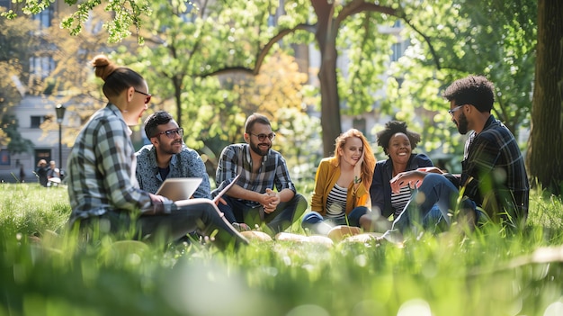 Un groupe de jeunes gens divers sont assis sur l'herbe dans un parc en train de parler et de rire