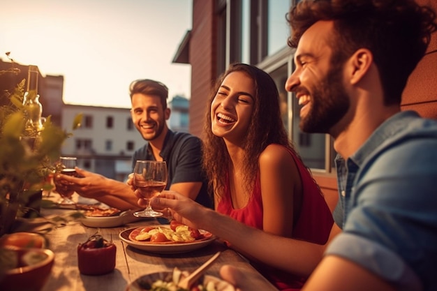 Groupe de jeunes gens heureux portant un toast avec du vin au déjeuner au restaurant pendant une journée d'été ensoleillée Generative AI