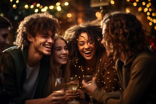 un groupe de jeunes gens joyeux célébrant le Nouvel An à une fête