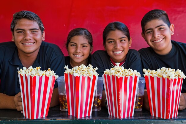 Un groupe de jeunes gens sourient et brandissent du rouge.