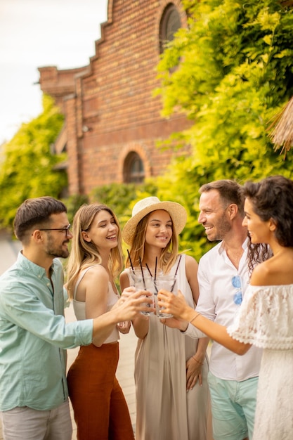 Groupe de jeunes heureux acclamant avec de la limonade fraîche dans le jardin