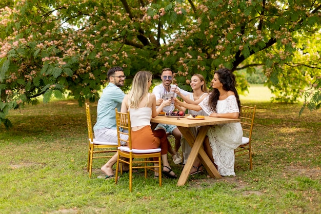 Groupe de jeunes heureux acclamant avec de la limonade fraîche et mangeant des fruits dans le jardin