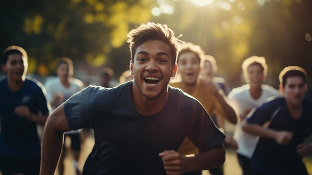 Groupe de jeunes hommes courant dans le parc exercice extérieur sain fête du travail