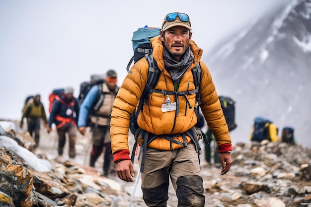 Un groupe de jeunes hommes grimpant la montagne.