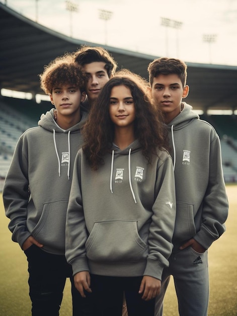 Photo un groupe de jeunes hommes portant des sweats à capuche et un sweat-shirt avec les lettres k sur le devant.