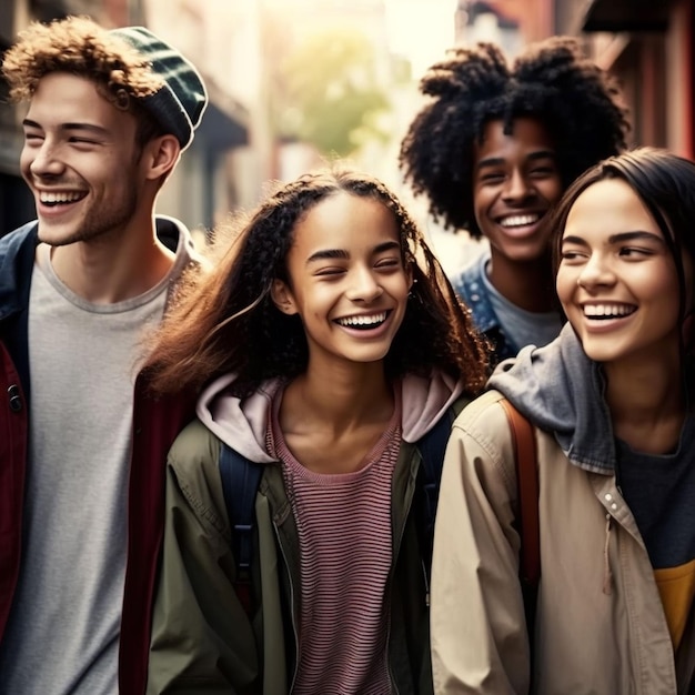 Un groupe de jeunes marche dans une rue, l'un d'eux a un sac à dos sur le dos.