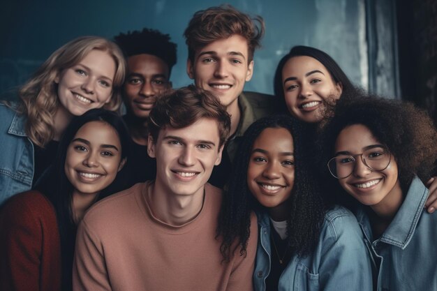 Un groupe de jeunes multiraciaux souriant devant la caméra.