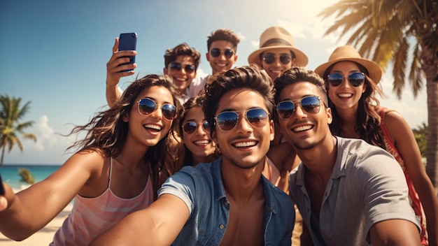 Un groupe de jeunes prenant un selfie en vacances