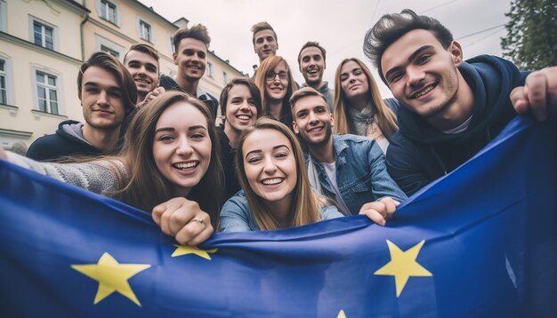 Photo un groupe de jeunes prennent un selfie en arrière-plan, le drapeau de l'union européenne agite